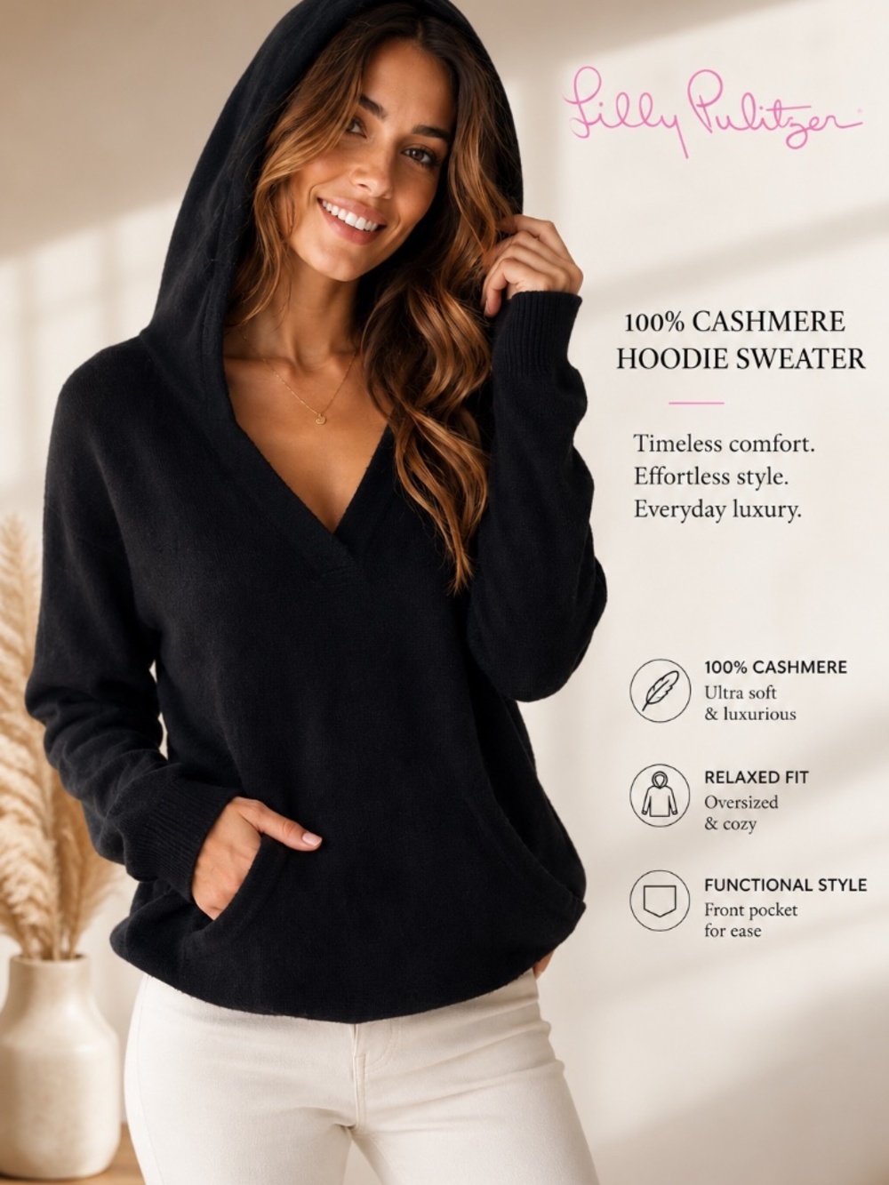 Headline: Vintage Lilly Pulitzer 100% Cashmere Black Hoodie Sweater Size S